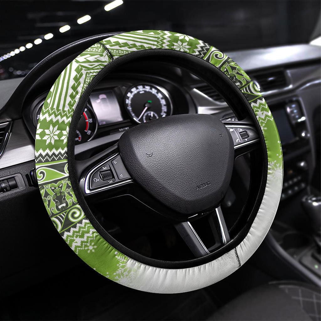New Zealand Tuatara Christmas Steering Wheel Cover Maori Inspired Knitted Patterns LT9 Universal Fit Green - Polynesian Pride
