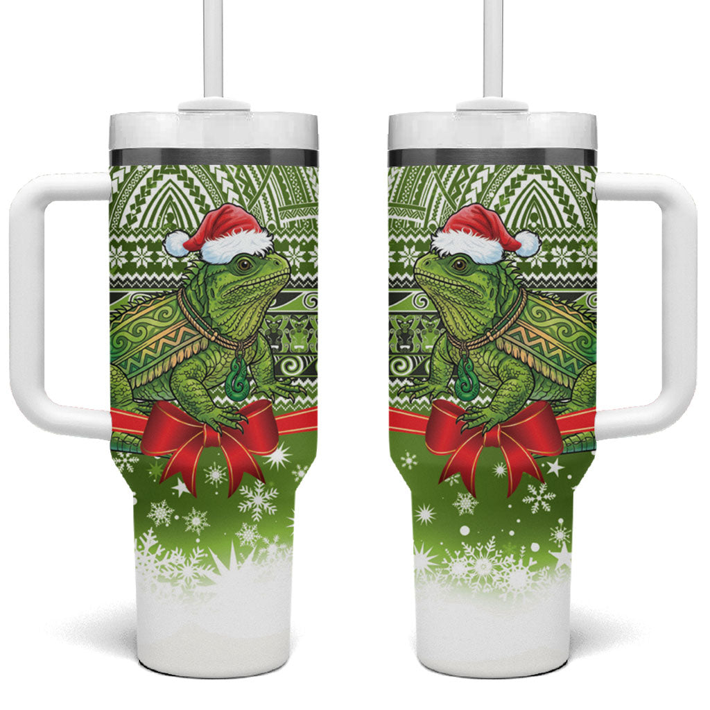 New Zealand Tuatara Christmas Tumbler With Handle Maori Inspired Knitted Patterns LT9 One Size: 40 oz Green - Polynesian Pride