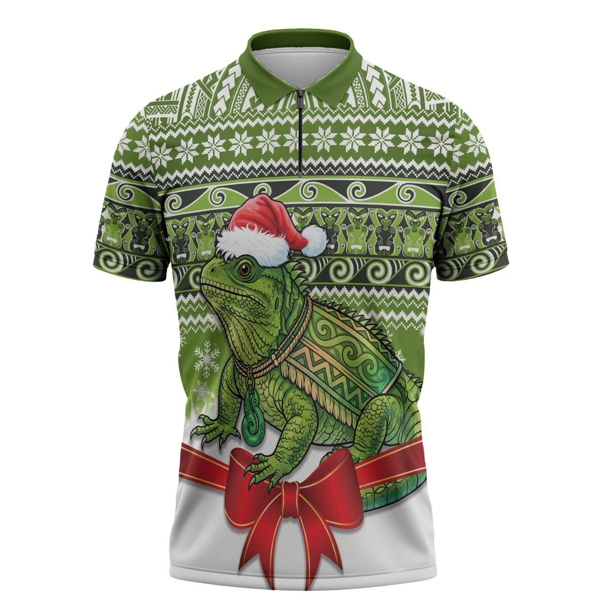 New Zealand Tuatara Christmas Zipper Polo Shirt Maori Inspired Knitted Patterns LT9 Green - Polynesian Pride