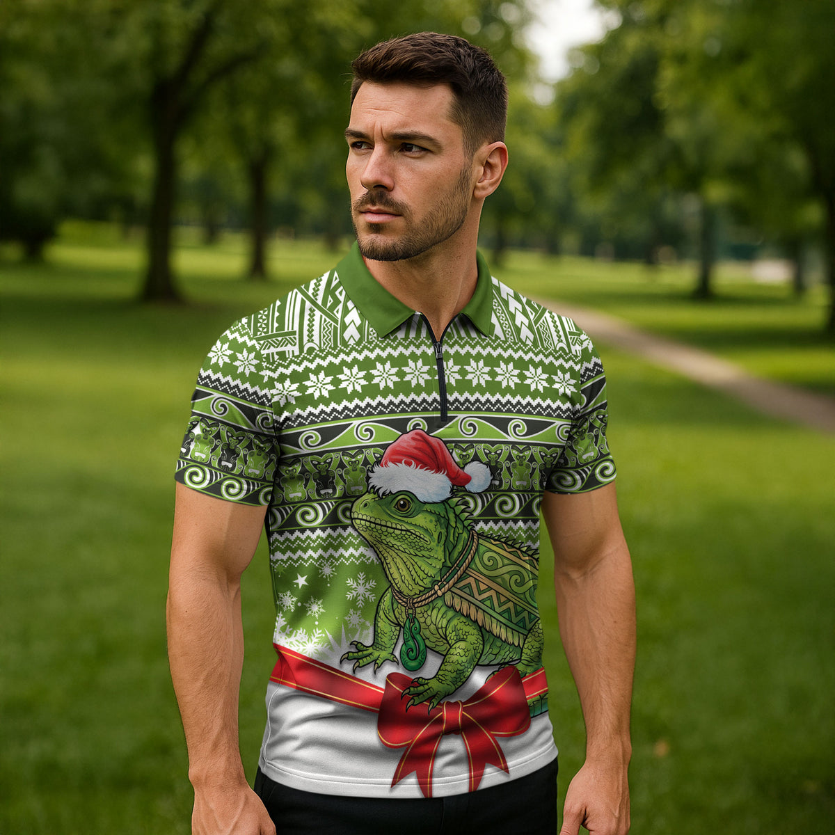 New Zealand Tuatara Christmas Zipper Polo Shirt Maori Inspired Knitted Patterns LT9 - Polynesian Pride