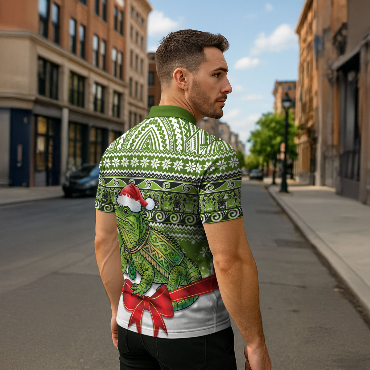New Zealand Tuatara Christmas Zipper Polo Shirt Maori Inspired Knitted Patterns LT9 - Polynesian Pride