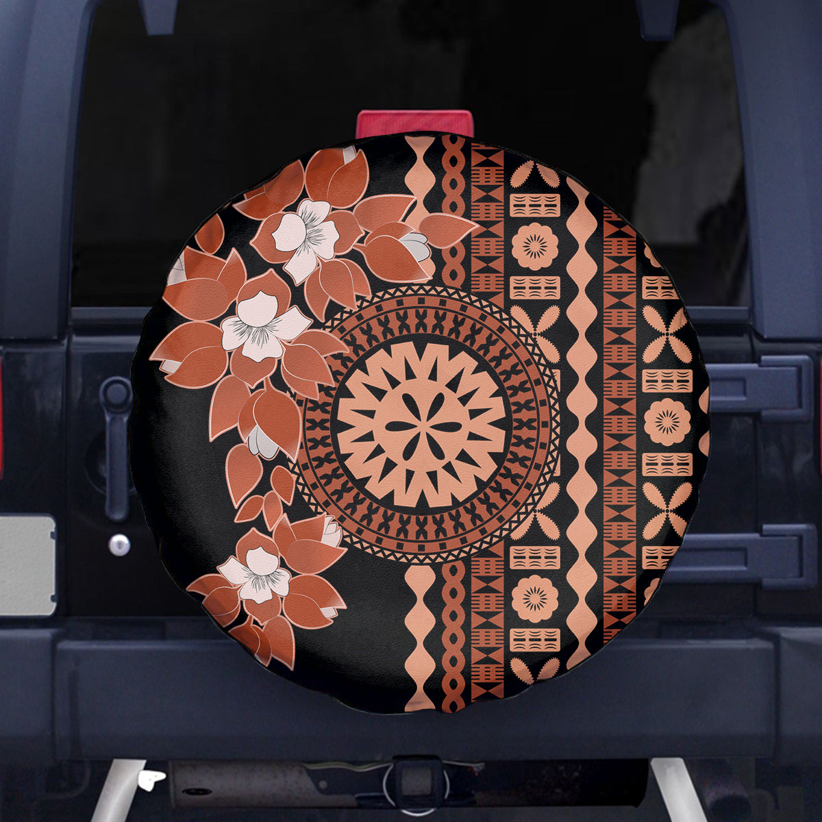 Fiji Tagimoucia Flower With Tapa Tribal Spare Tire Cover Brown Color LT9 Brown - Polynesian Pride