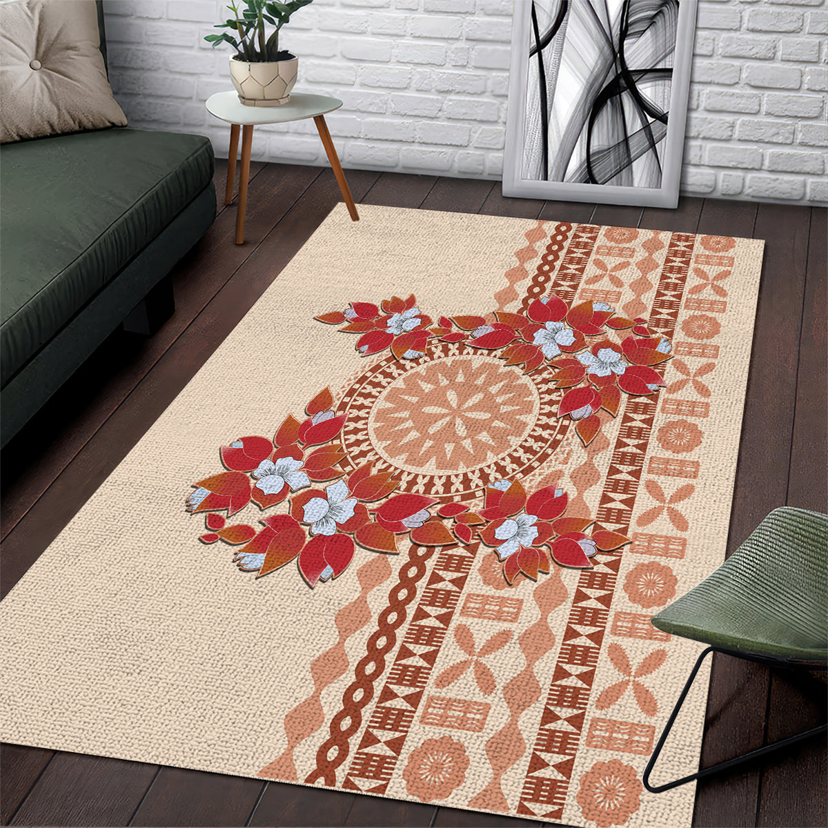 Bula Fiji Tagimoucia Flower Masi Tapa Tribal Area Rug Beige Color LT9 Beige - Polynesian Pride