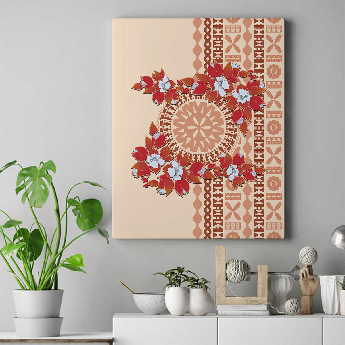 Bula Fiji Tagimoucia Flower Masi Tapa Tribal Canvas Wall Art Beige Color LT9 Beige - Polynesian Pride