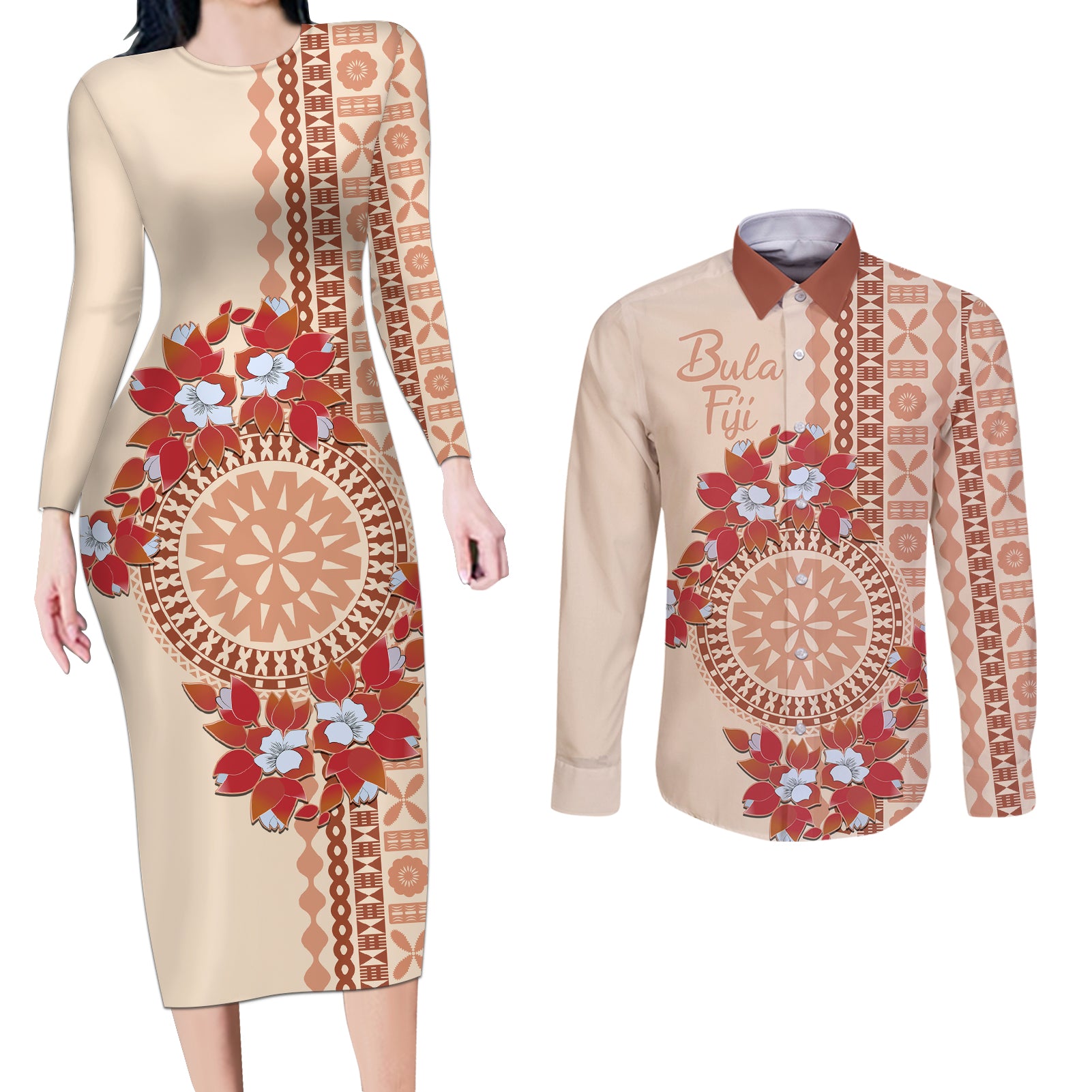 Bula Fiji Tagimoucia Flower Masi Tapa Tribal Couples Matching Long Sleeve Bodycon Dress and Long Sleeve Button Shirt Beige Color LT9 Beige - Polynesian Pride