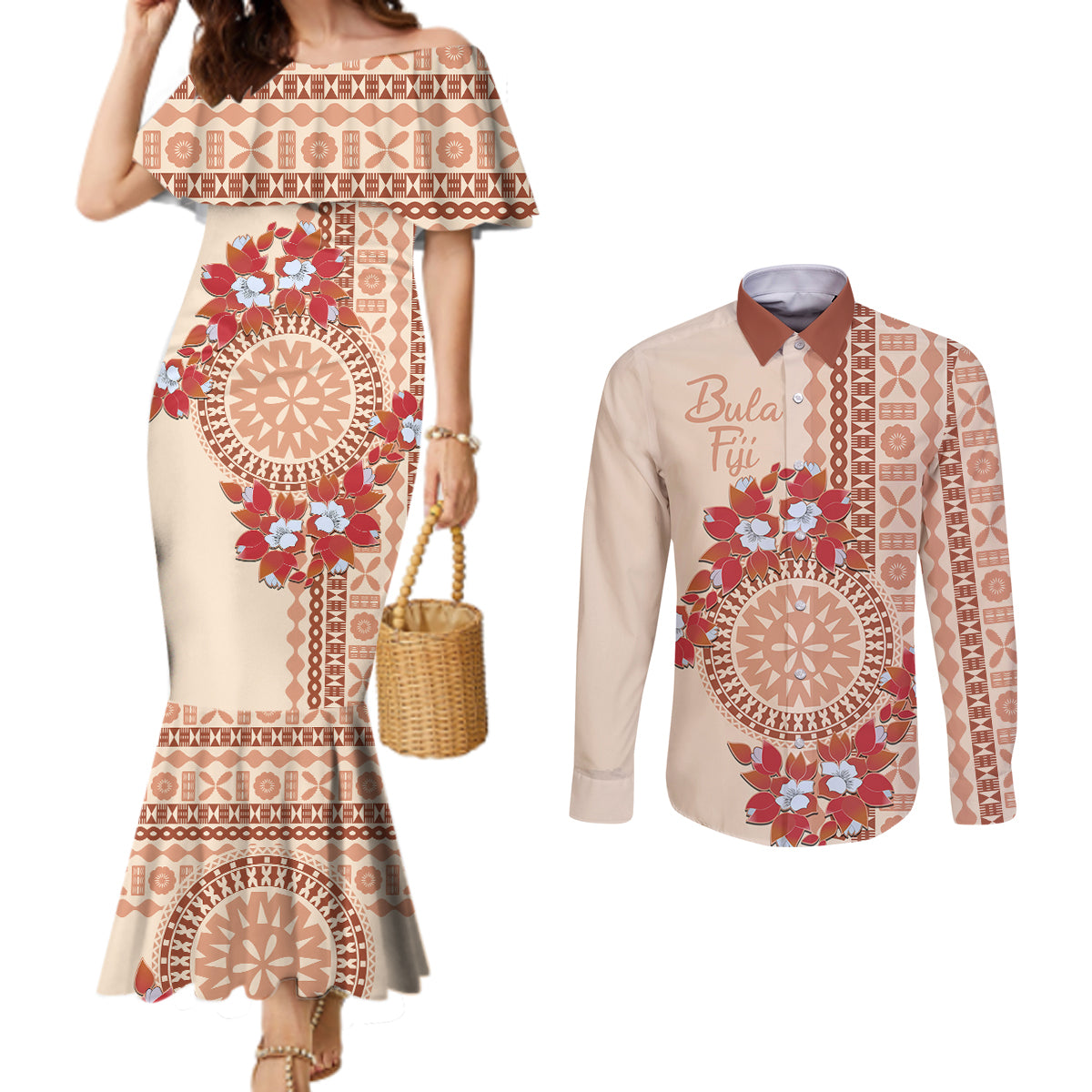 Bula Fiji Tagimoucia Flower Masi Tapa Tribal Couples Matching Mermaid Dress and Long Sleeve Button Shirt Beige Color LT9 Beige - Polynesian Pride