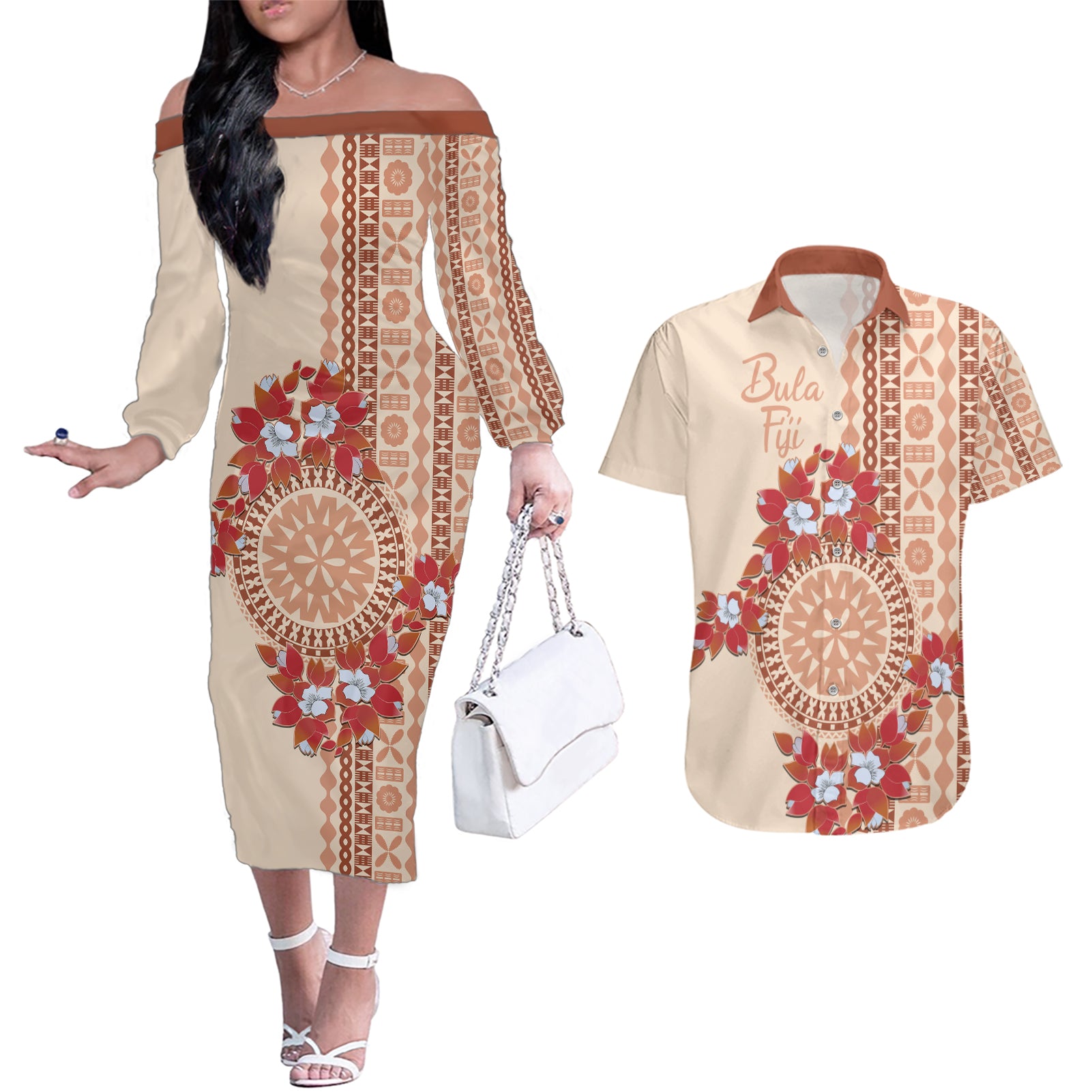 Bula Fiji Tagimoucia Flower Masi Tapa Tribal Couples Matching Off The Shoulder Long Sleeve Dress and Hawaiian Shirt Beige Color LT9 Beige - Polynesian Pride