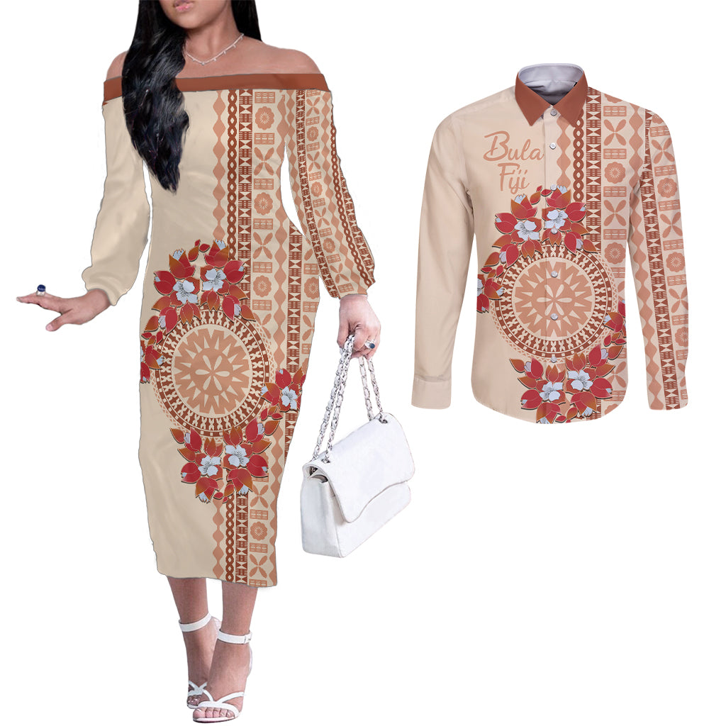 Bula Fiji Tagimoucia Flower Masi Tapa Tribal Couples Matching Off The Shoulder Long Sleeve Dress and Long Sleeve Button Shirt Beige Color LT9 Beige - Polynesian Pride