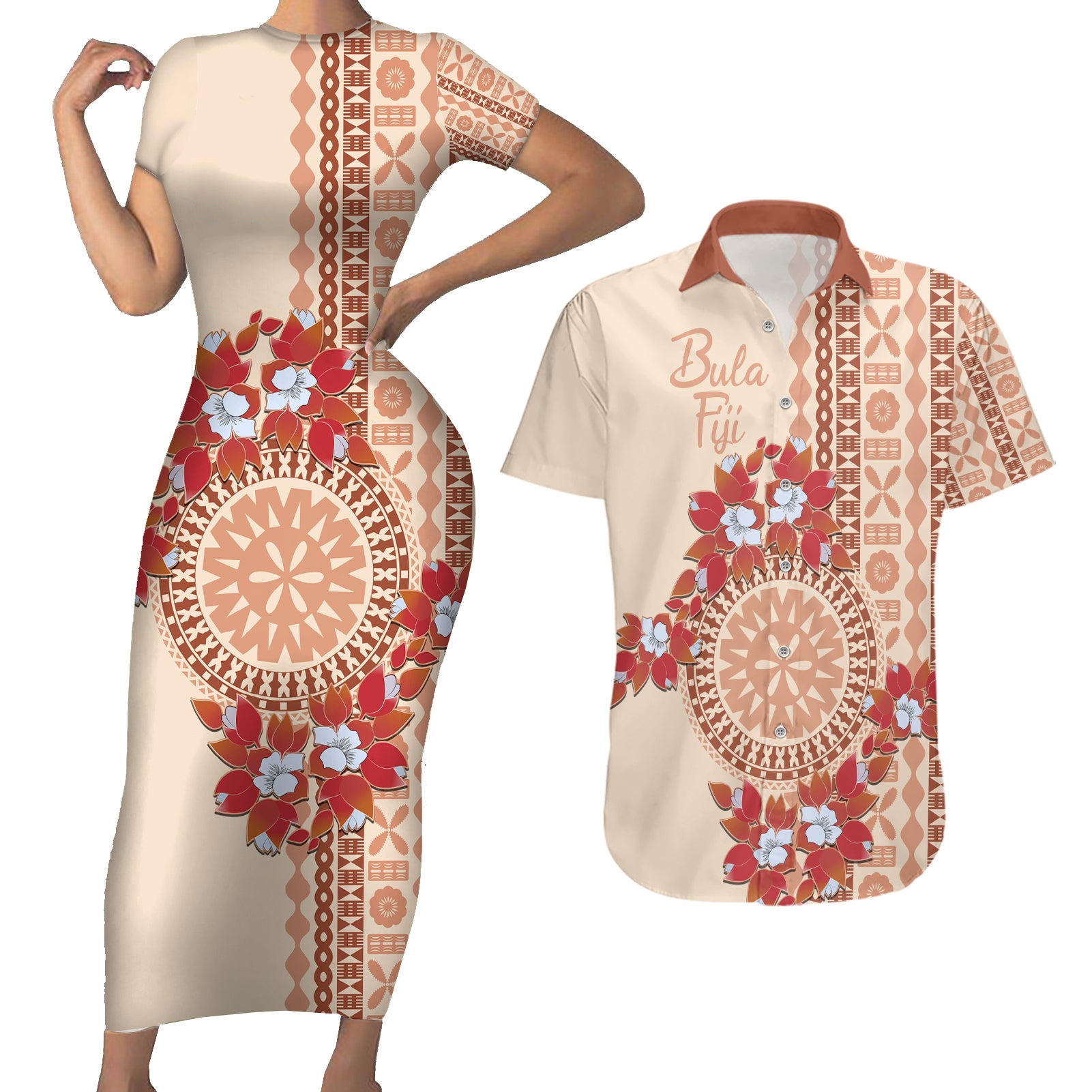 Bula Fiji Tagimoucia Flower Masi Tapa Tribal Couples Matching Short Sleeve Bodycon Dress and Hawaiian Shirt Beige Color LT9 Beige - Polynesian Pride