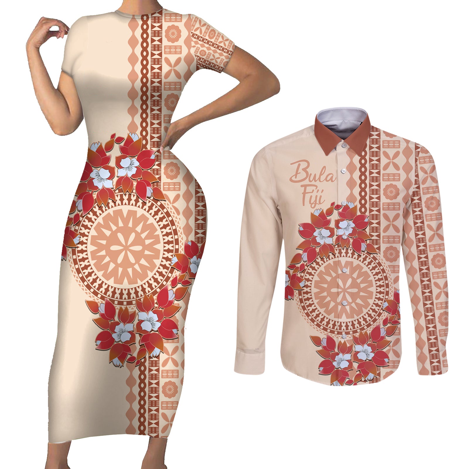 Bula Fiji Tagimoucia Flower Masi Tapa Tribal Couples Matching Short Sleeve Bodycon Dress and Long Sleeve Button Shirt Beige Color LT9 Beige - Polynesian Pride