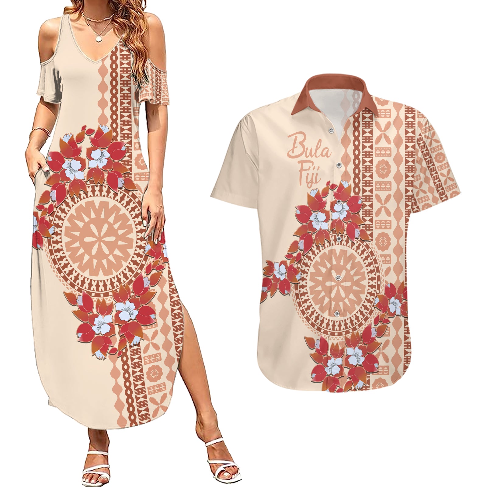 Bula Fiji Tagimoucia Flower Masi Tapa Tribal Couples Matching Summer Maxi Dress and Hawaiian Shirt Beige Color LT9 Beige - Polynesian Pride