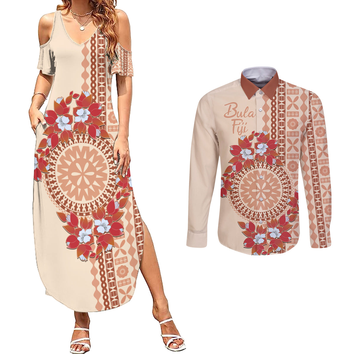 Bula Fiji Tagimoucia Flower Masi Tapa Tribal Couples Matching Summer Maxi Dress and Long Sleeve Button Shirt Beige Color LT9 Beige - Polynesian Pride