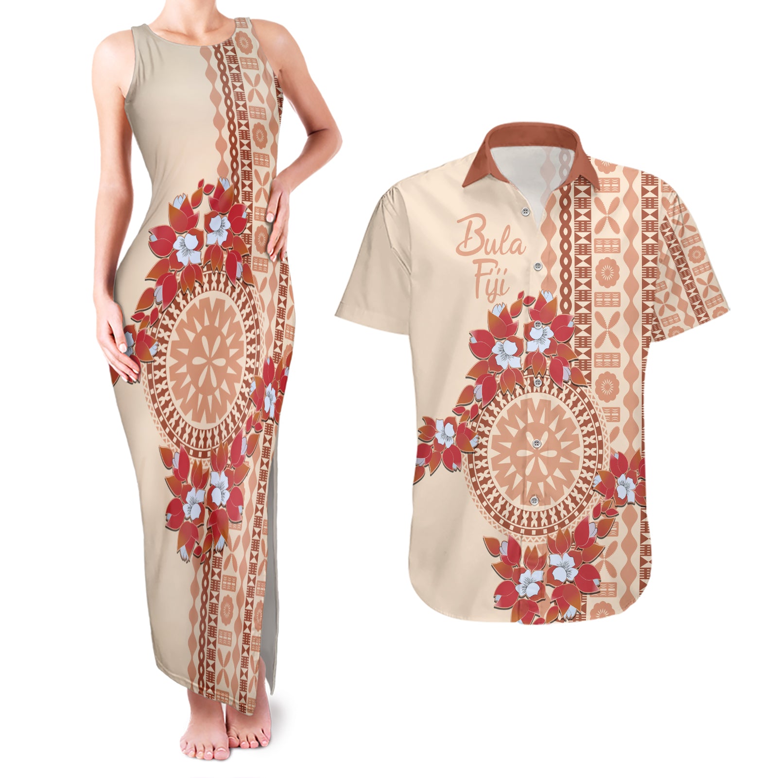 Bula Fiji Tagimoucia Flower Masi Tapa Tribal Couples Matching Tank Maxi Dress and Hawaiian Shirt Beige Color LT9 Beige - Polynesian Pride