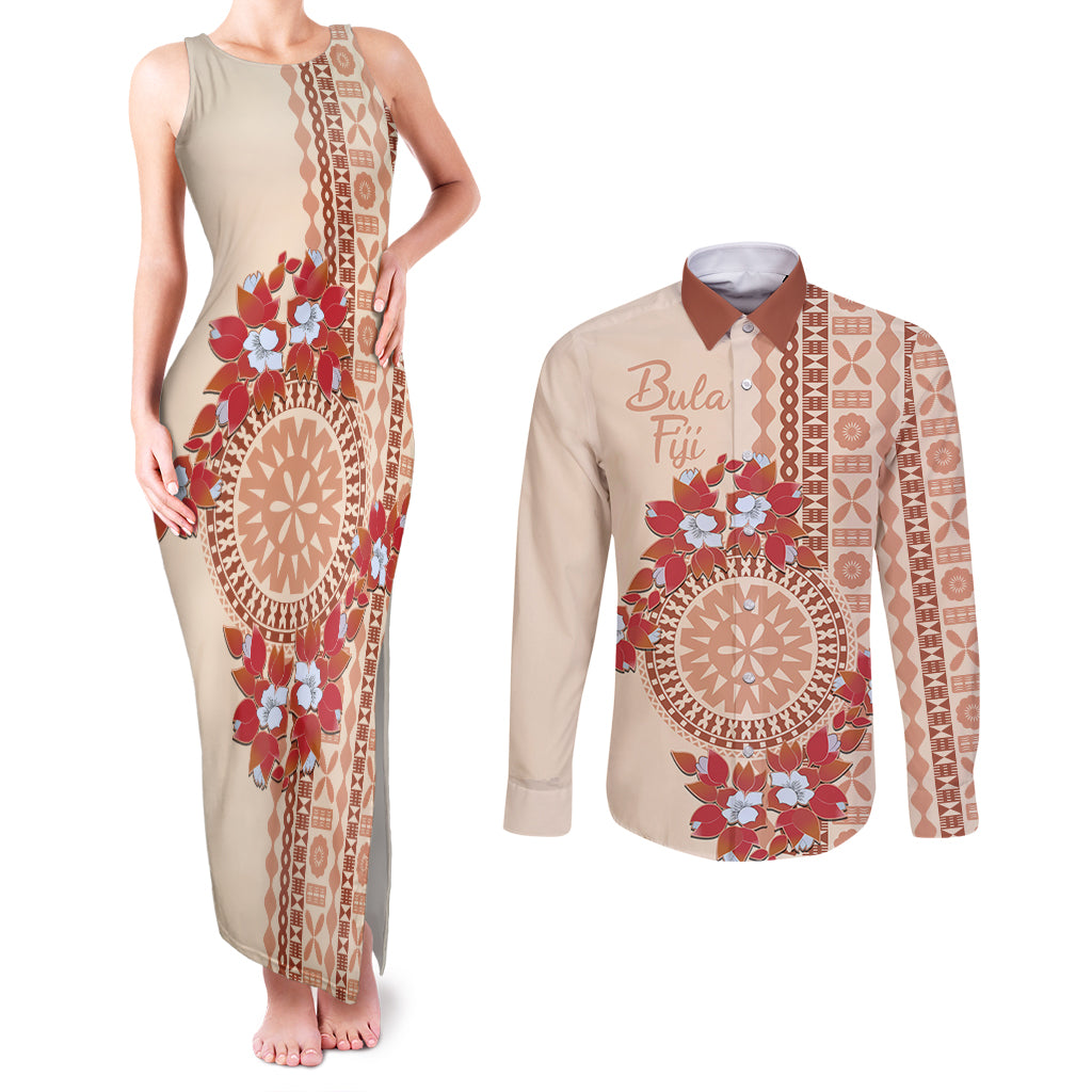 Bula Fiji Tagimoucia Flower Masi Tapa Tribal Couples Matching Tank Maxi Dress and Long Sleeve Button Shirt Beige Color LT9 Beige - Polynesian Pride