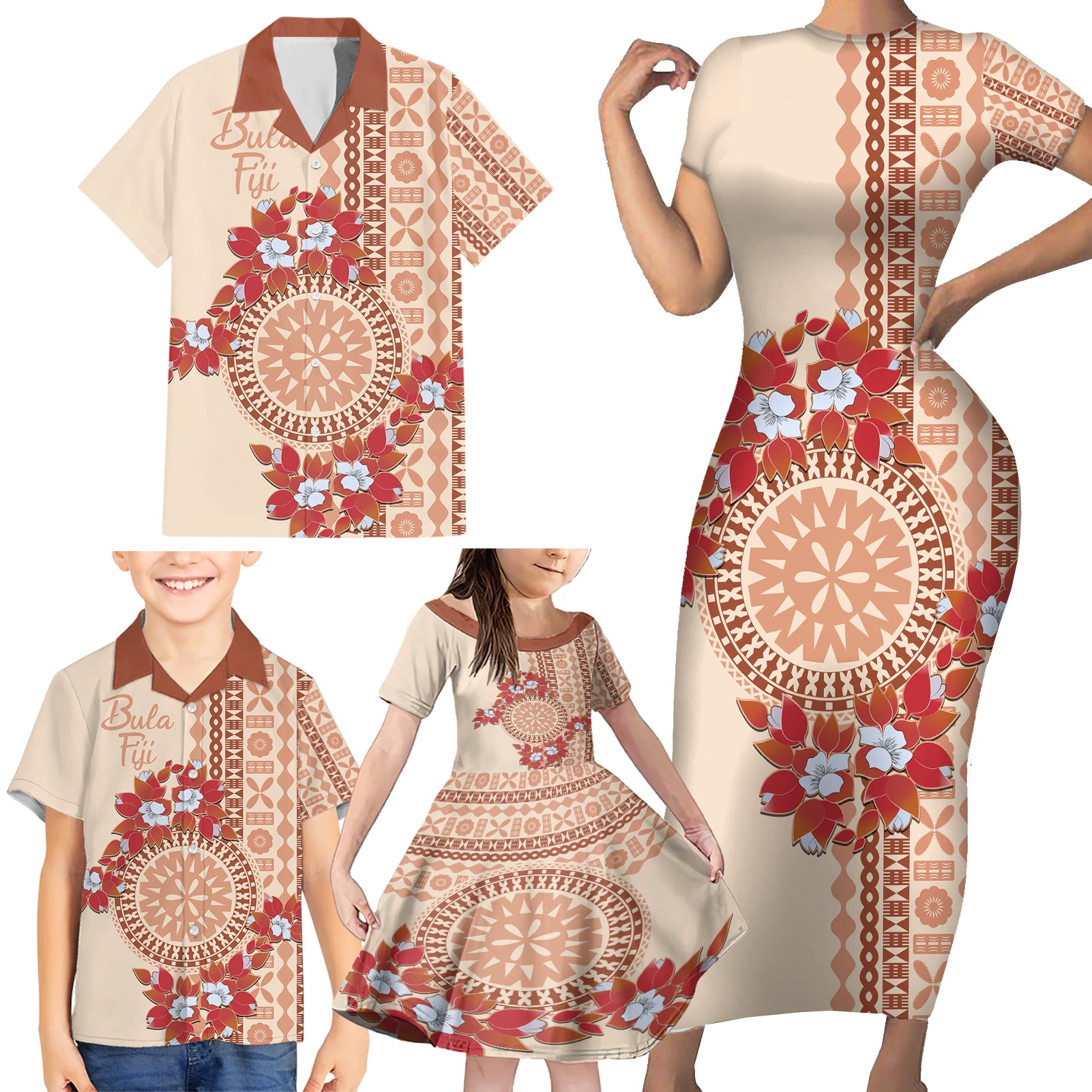 Bula Fiji Tagimoucia Flower Masi Tapa Tribal Family Matching Short Sleeve Bodycon Dress and Hawaiian Shirt Beige Color LT9 - Polynesian Pride