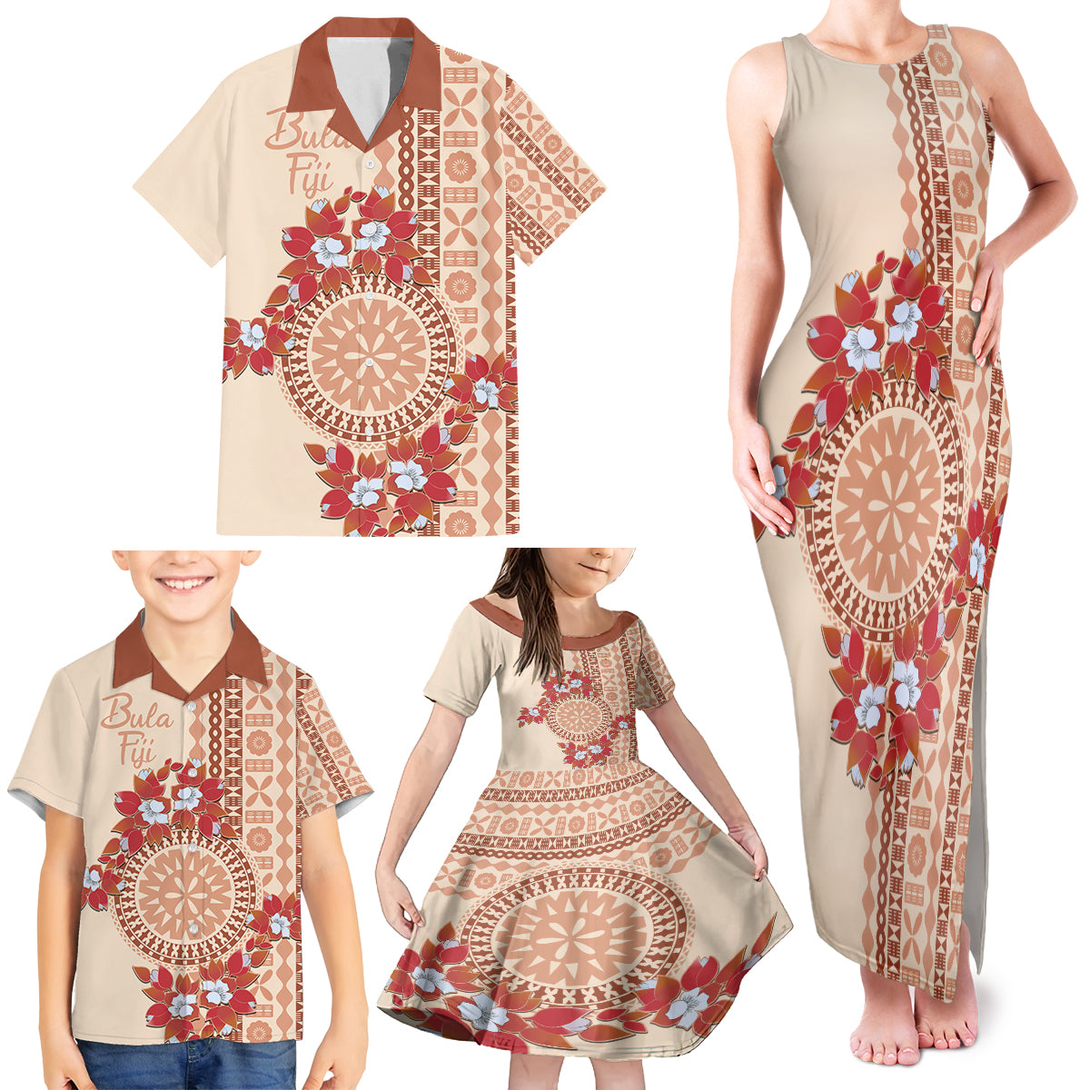 Bula Fiji Tagimoucia Flower Masi Tapa Tribal Family Matching Tank Maxi Dress and Hawaiian Shirt Beige Color LT9 - Polynesian Pride