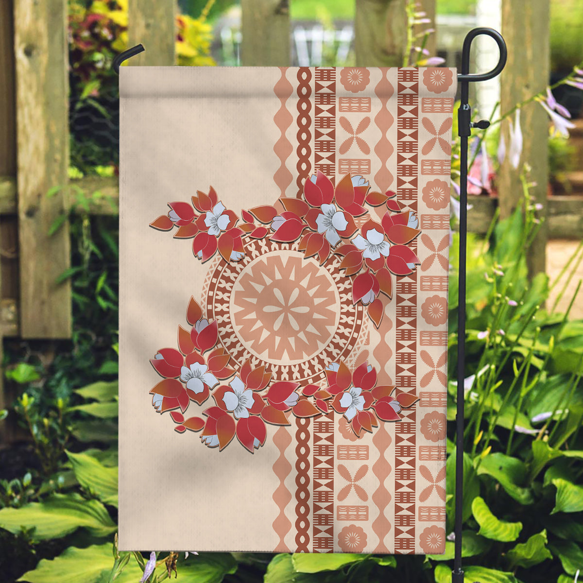 Bula Fiji Tagimoucia Flower Masi Tapa Tribal Garden Flag Beige Color LT9 Garden Flag Beige - Polynesian Pride