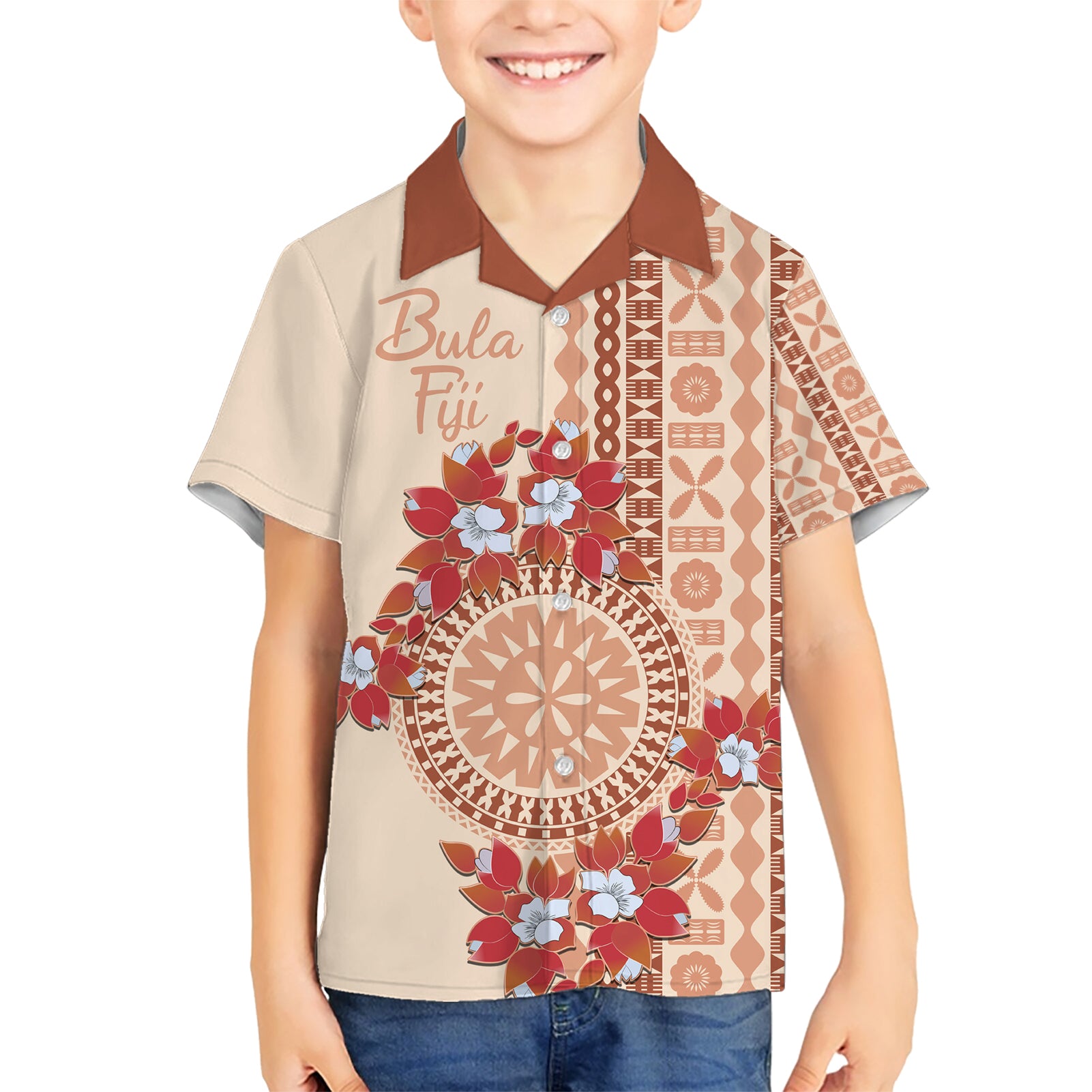 Bula Fiji Tagimoucia Flower Masi Tapa Tribal Kid Hawaiian Shirt Beige Color LT9 Kid Beige - Polynesian Pride