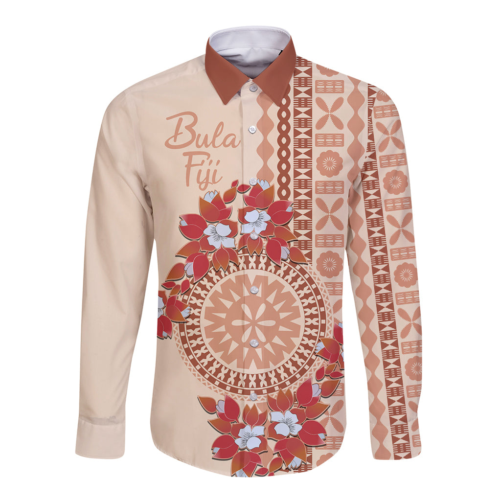 Bula Fiji Tagimoucia Flower Masi Tapa Tribal Long Sleeve Button Shirt Beige Color LT9 Unisex Beige - Polynesian Pride