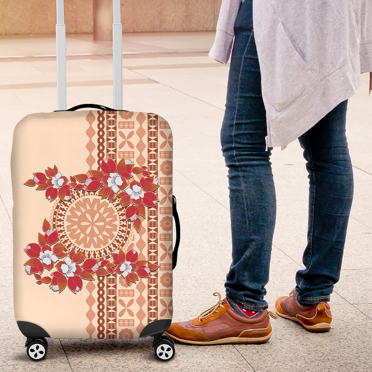 Bula Fiji Tagimoucia Flower Masi Tapa Tribal Luggage Cover Beige Color LT9 Beige - Polynesian Pride