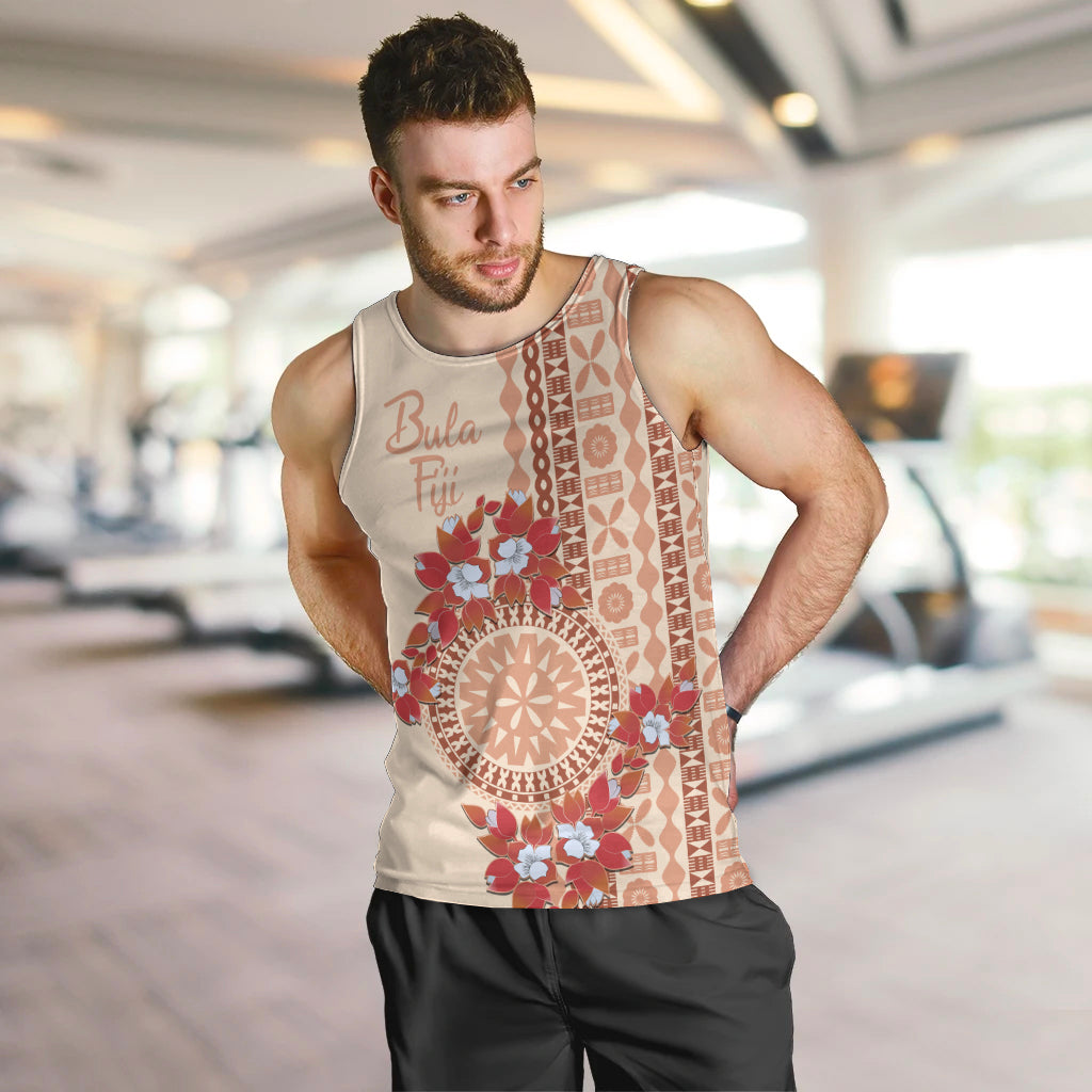 Bula Fiji Tagimoucia Flower Masi Tapa Tribal Men Tank Top Beige Color LT9 Beige - Polynesian Pride