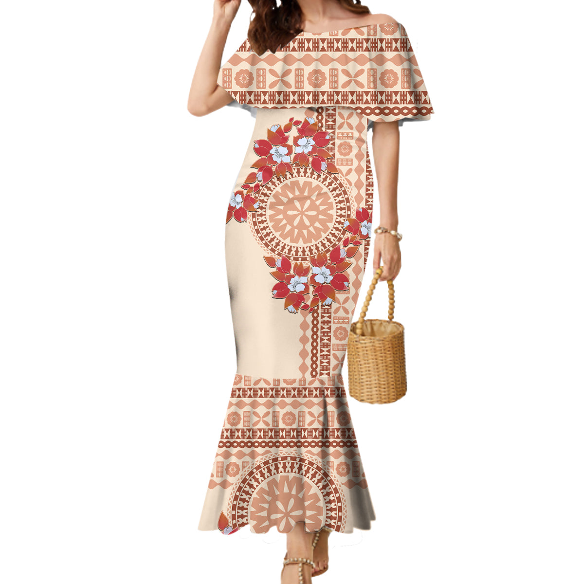 Bula Fiji Tagimoucia Flower Masi Tapa Tribal Mermaid Dress Beige Color LT9 Women Beige - Polynesian Pride