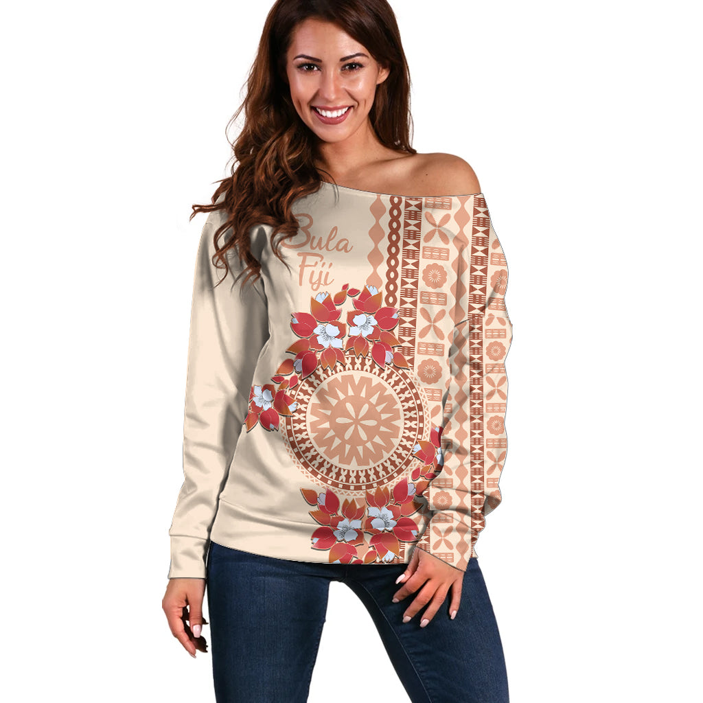 Bula Fiji Tagimoucia Flower Masi Tapa Tribal Off Shoulder Sweater Beige Color LT9 Women Beige - Polynesian Pride