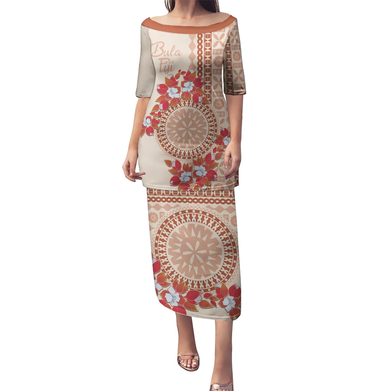 Bula Fiji Tagimoucia Flower Masi Tapa Tribal Puletasi Beige Color LT9 Long Dress Beige - Polynesian Pride