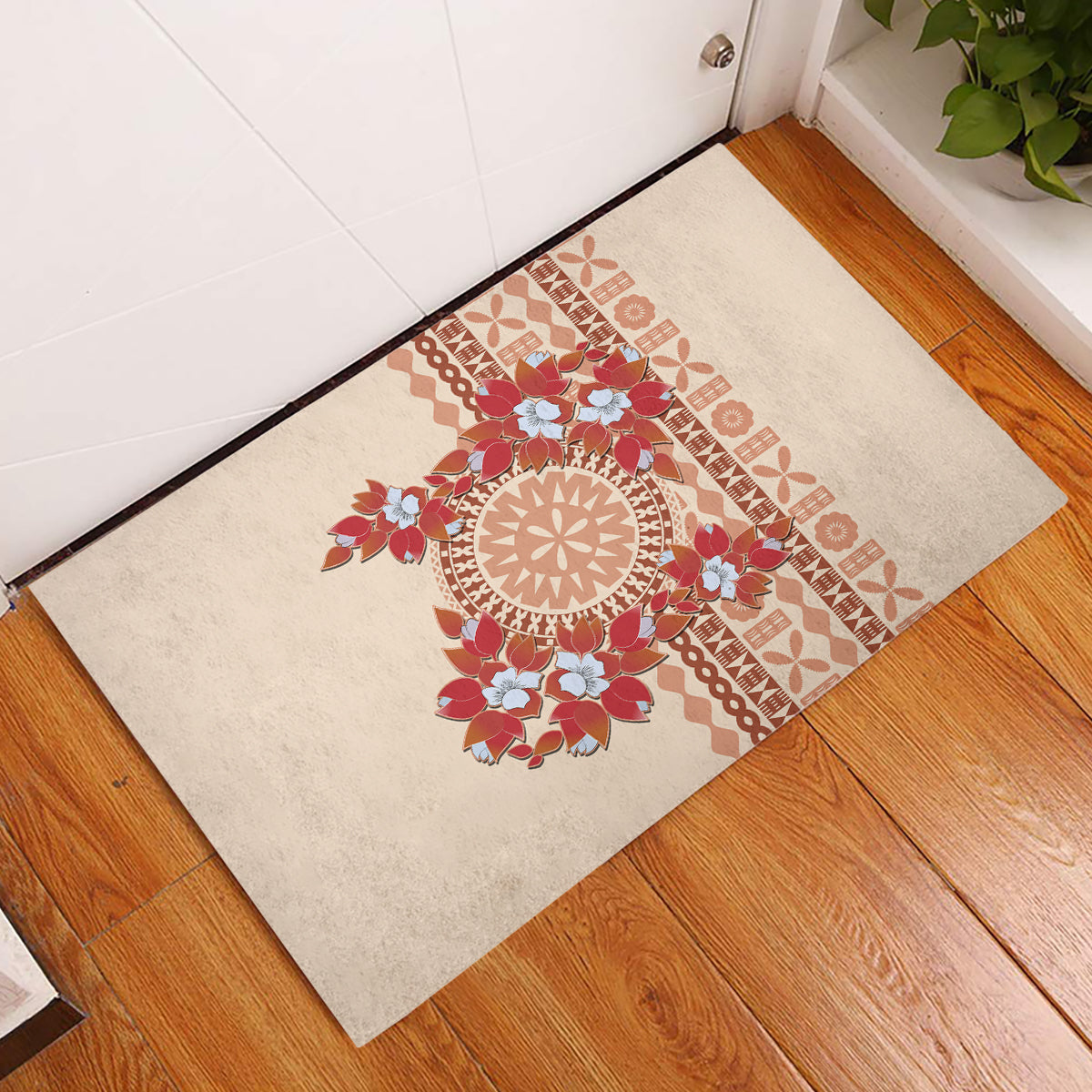 Bula Fiji Tagimoucia Flower Masi Tapa Tribal Rubber Doormat Beige Color LT9 Beige - Polynesian Pride