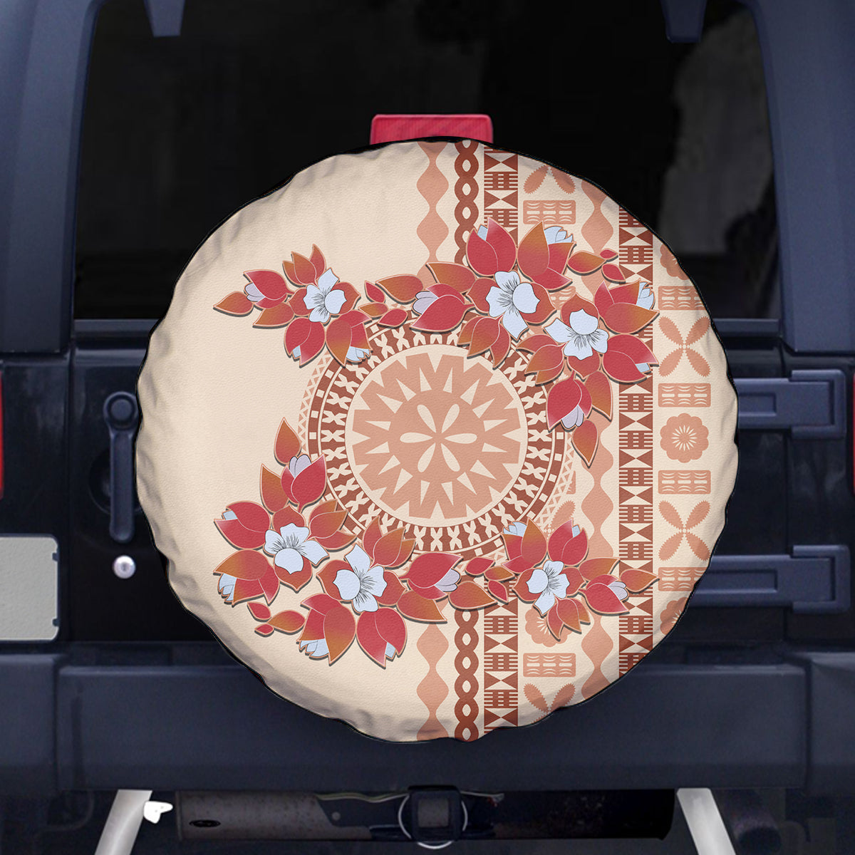 Bula Fiji Tagimoucia Flower Masi Tapa Tribal Spare Tire Cover Beige Color LT9 Beige - Polynesian Pride