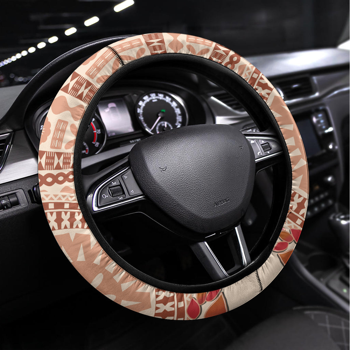 Bula Fiji Tagimoucia Flower Masi Tapa Tribal Steering Wheel Cover Beige Color