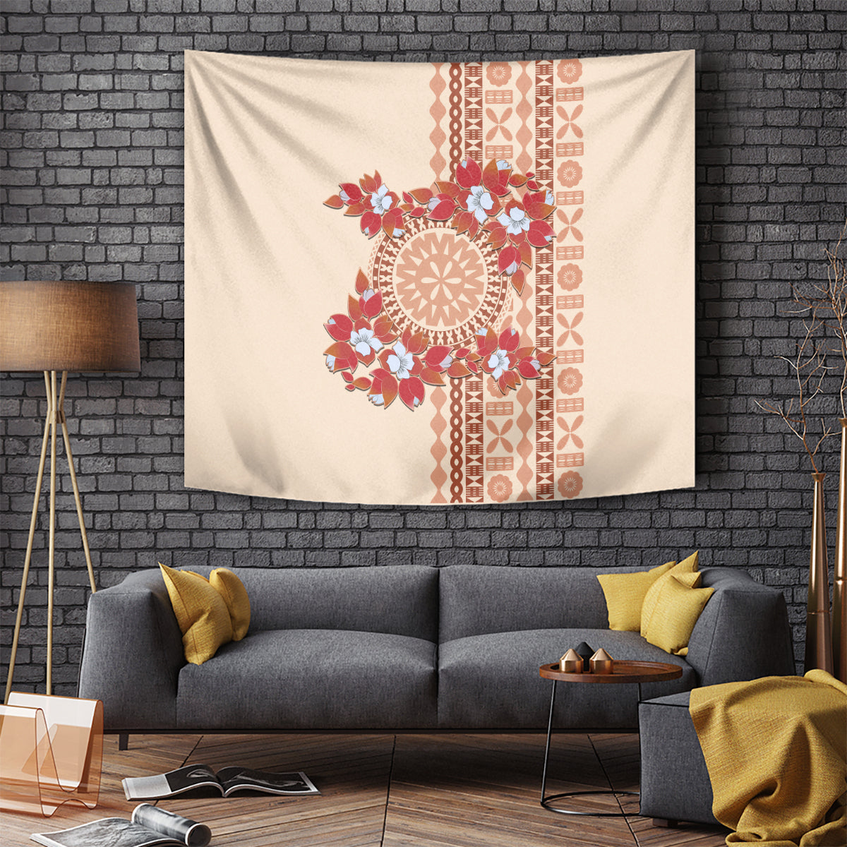 Bula Fiji Tagimoucia Flower Masi Tapa Tribal Tapestry Beige Color LT9 Beige - Polynesian Pride