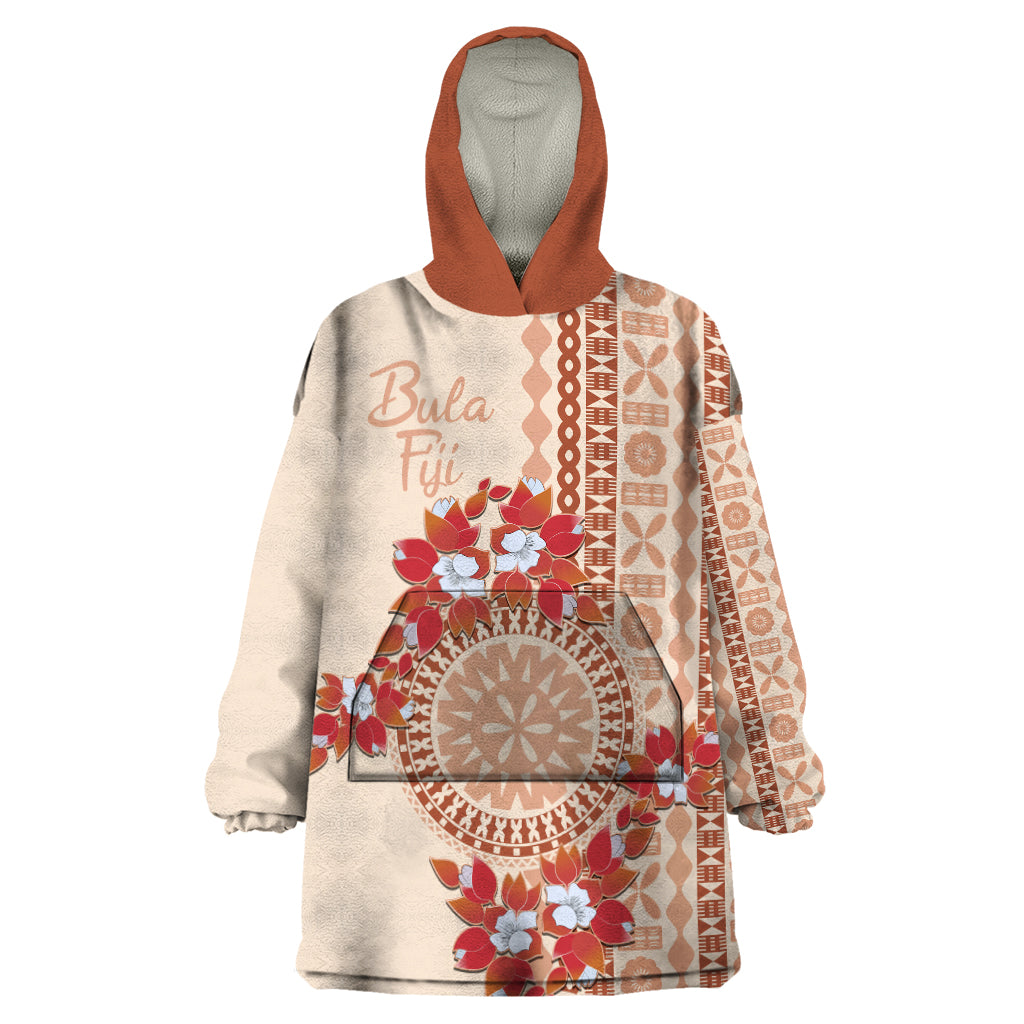 Bula Fiji Tagimoucia Flower Masi Tapa Tribal Wearable Blanket Hoodie Beige Color LT9 One Size Beige - Polynesian Pride