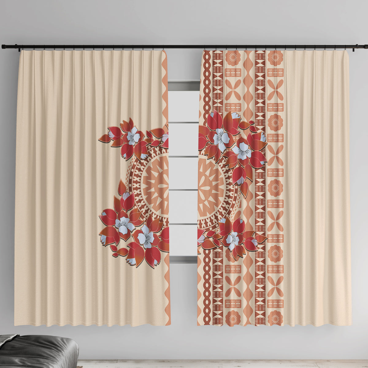 Bula Fiji Tagimoucia Flower Masi Tapa Tribal Window Curtain Beige Color LT9 With Hooks Beige - Polynesian Pride