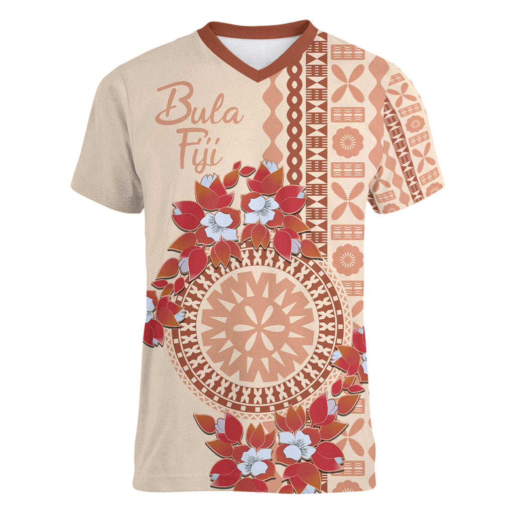 Bula Fiji Tagimoucia Flower Masi Tapa Tribal Women V Neck T Shirt Beige Color LT9 Female Beige - Polynesian Pride