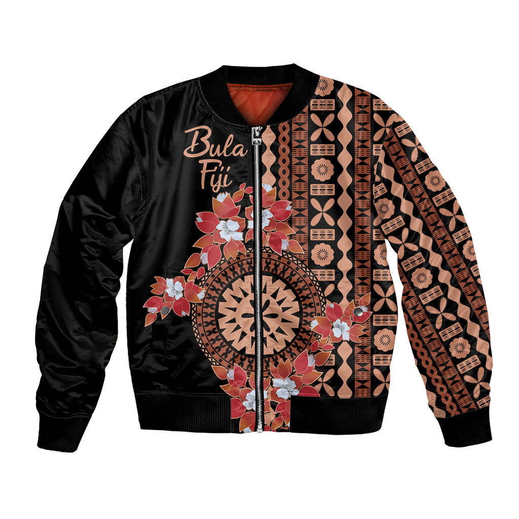 Bula Fiji Tagimoucia Flower Masi Tapa Tribal Bomber Jacket Brown Color LT9 Unisex Brown - Polynesian Pride