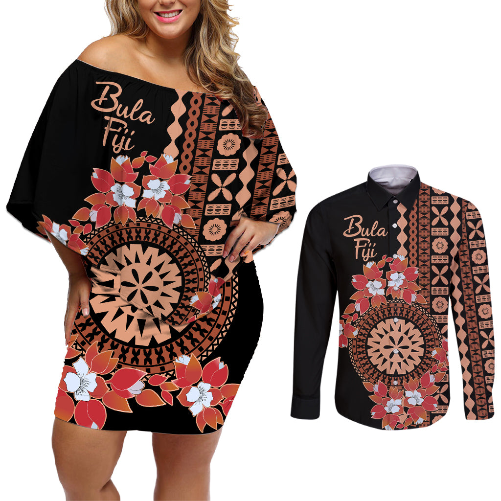 Bula Fiji Tagimoucia Flower Masi Tapa Tribal Couples Matching Off Shoulder Short Dress and Long Sleeve Button Shirt Brown Color LT9 Brown - Polynesian Pride