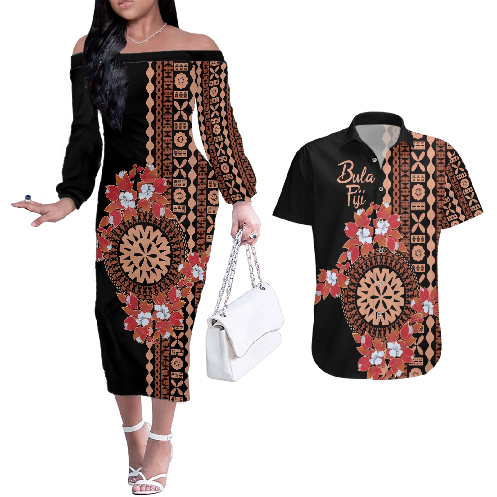 Bula Fiji Tagimoucia Flower Masi Tapa Tribal Couples Matching Off The Shoulder Long Sleeve Dress and Hawaiian Shirt Brown Color LT9 Brown - Polynesian Pride