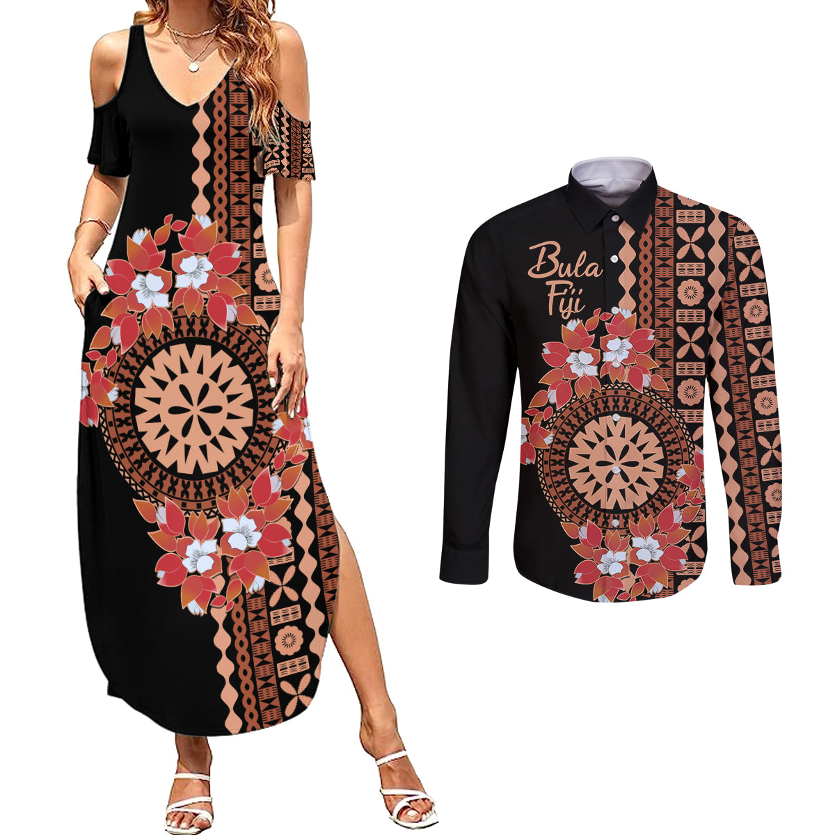 Bula Fiji Tagimoucia Flower Masi Tapa Tribal Couples Matching Summer Maxi Dress and Long Sleeve Button Shirt Brown Color LT9 Brown - Polynesian Pride