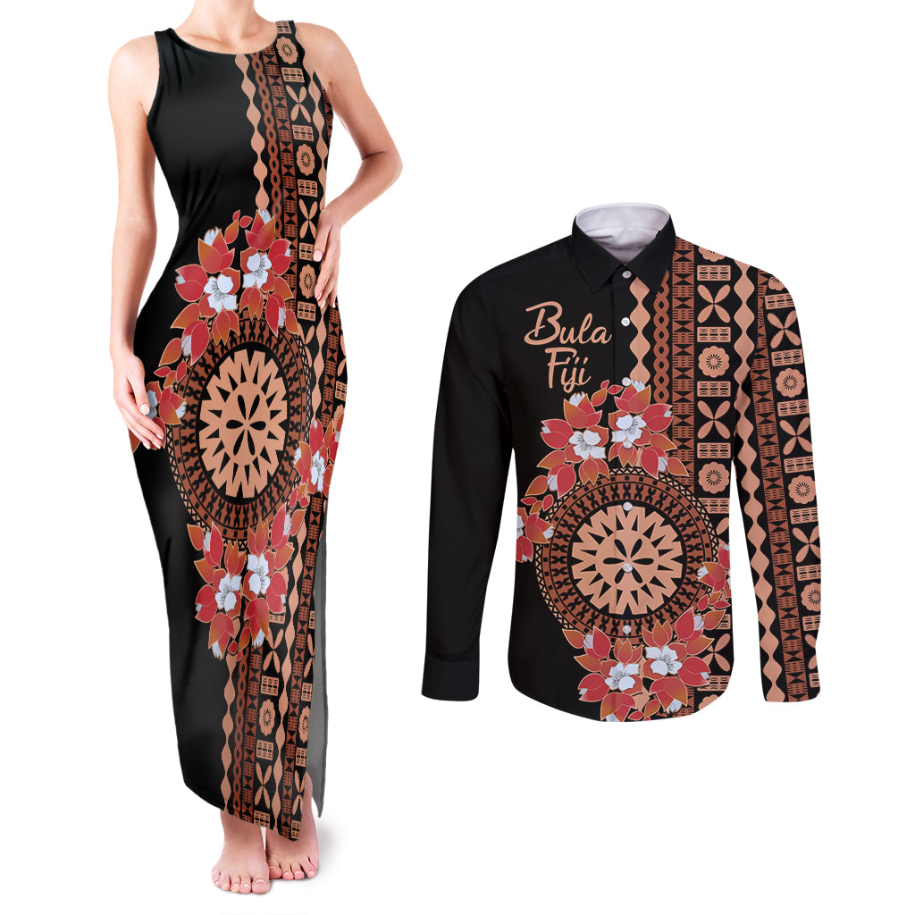 Bula Fiji Tagimoucia Flower Masi Tapa Tribal Couples Matching Tank Maxi Dress and Long Sleeve Button Shirt Brown Color LT9 Brown - Polynesian Pride