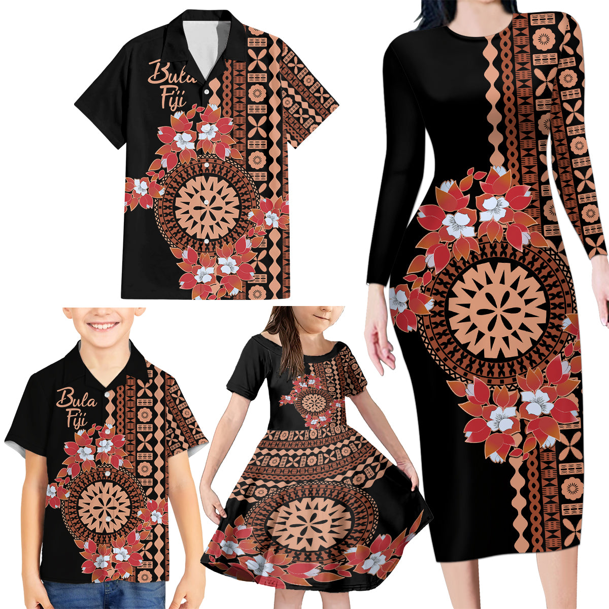 Bula Fiji Tagimoucia Flower Masi Tapa Tribal Family Matching Long Sleeve Bodycon Dress and Hawaiian Shirt Brown Color LT9 - Polynesian Pride