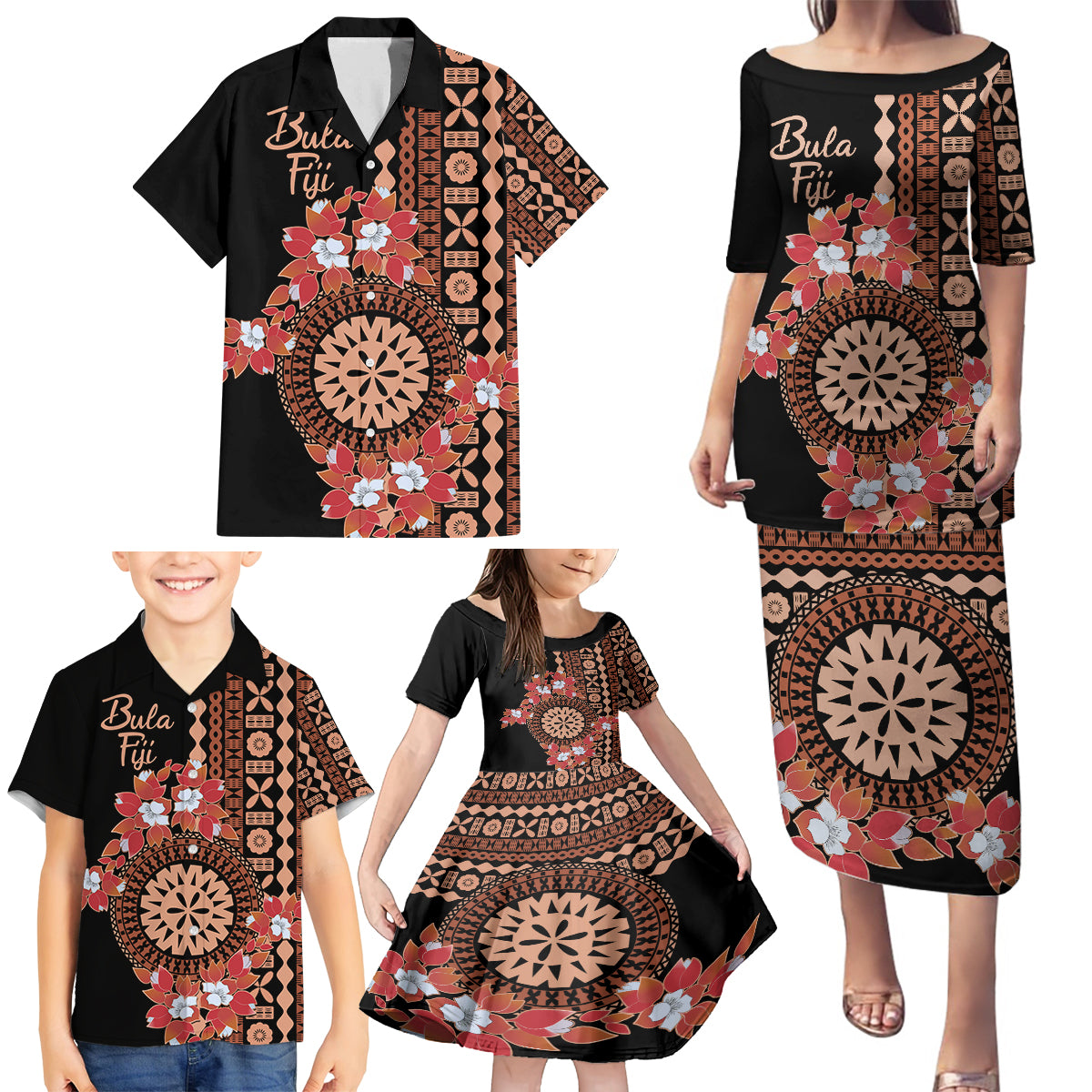 Bula Fiji Tagimoucia Flower Masi Tapa Tribal Family Matching Puletasi Dress and Hawaiian Shirt Brown Color LT9 - Polynesian Pride