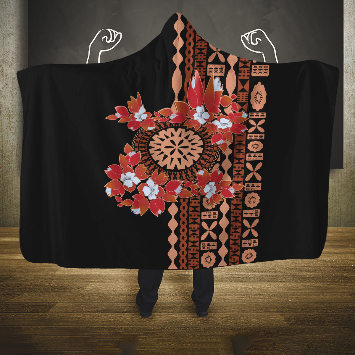 Bula Fiji Tagimoucia Flower Masi Tapa Tribal Hooded Blanket Brown Color LT9 One Size Brown - Polynesian Pride