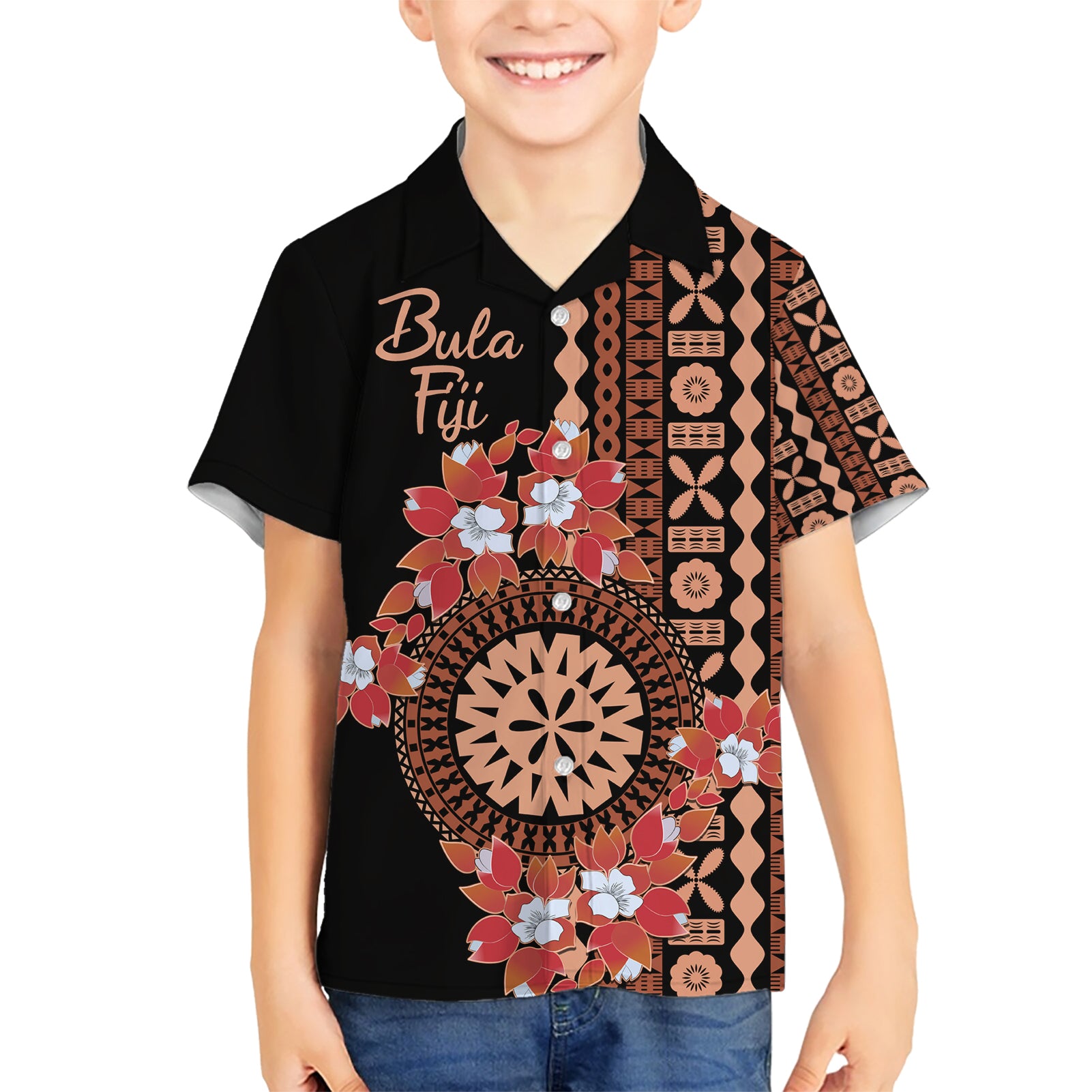 Bula Fiji Tagimoucia Flower Masi Tapa Tribal Kid Hawaiian Shirt Brown Color LT9 Kid Brown - Polynesian Pride