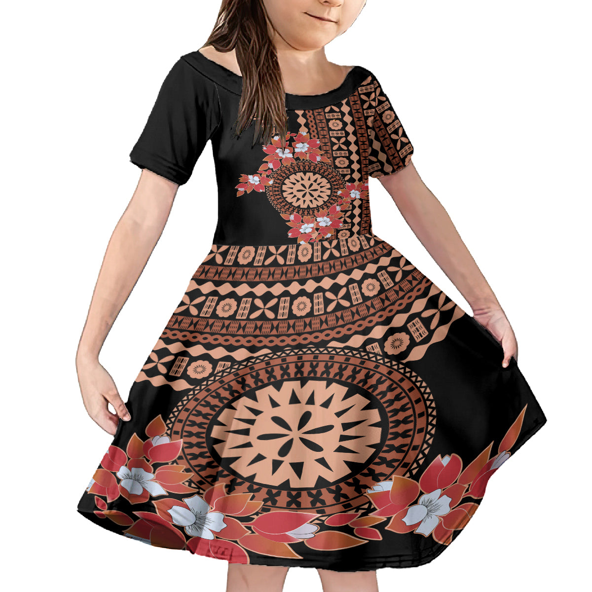 Bula Fiji Tagimoucia Flower Masi Tapa Tribal Kid Short Sleeve Dress Brown Color LT9 KID Brown - Polynesian Pride