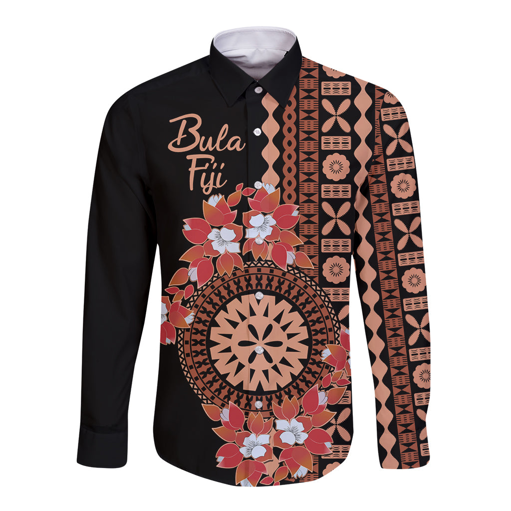 Bula Fiji Tagimoucia Flower Masi Tapa Tribal Long Sleeve Button Shirt Brown Color LT9 Unisex Brown - Polynesian Pride