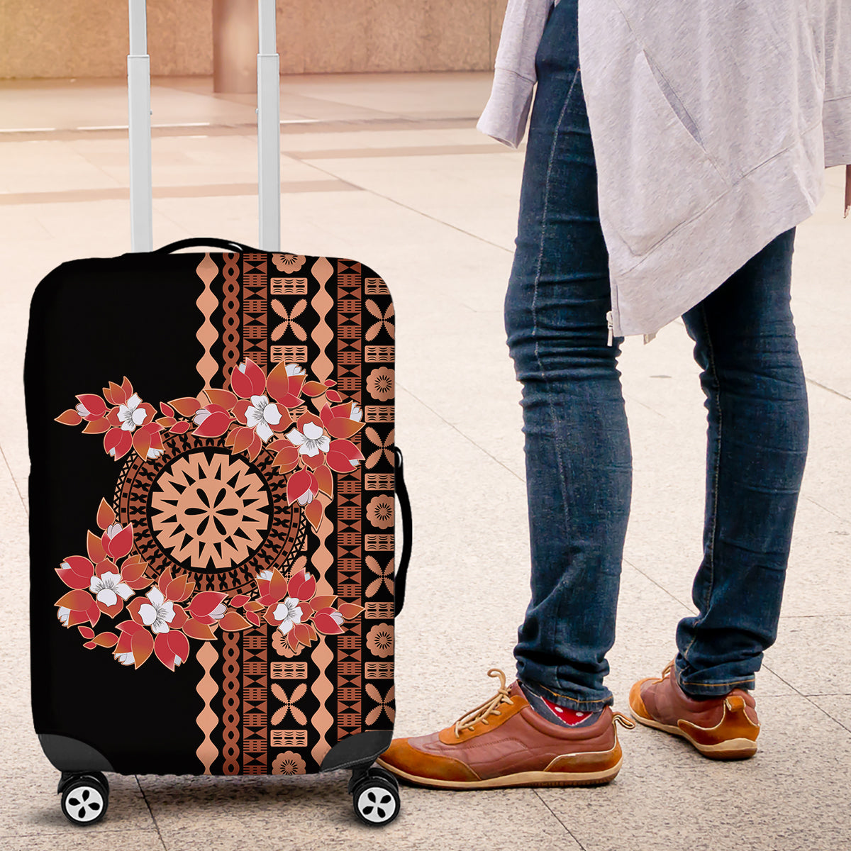 Bula Fiji Tagimoucia Flower Masi Tapa Tribal Luggage Cover Brown Color LT9 Brown - Polynesian Pride