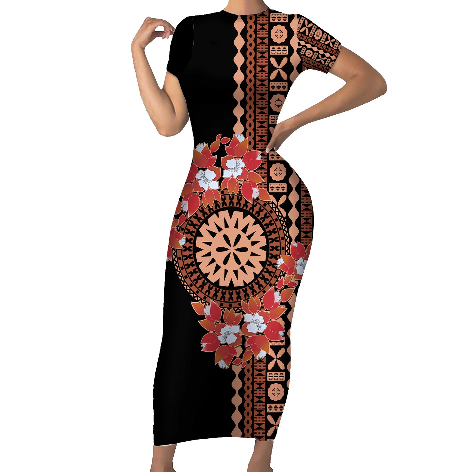 Bula Fiji Tagimoucia Flower Masi Tapa Tribal Short Sleeve Bodycon Dress Brown Color LT9 Long Dress Brown - Polynesian Pride