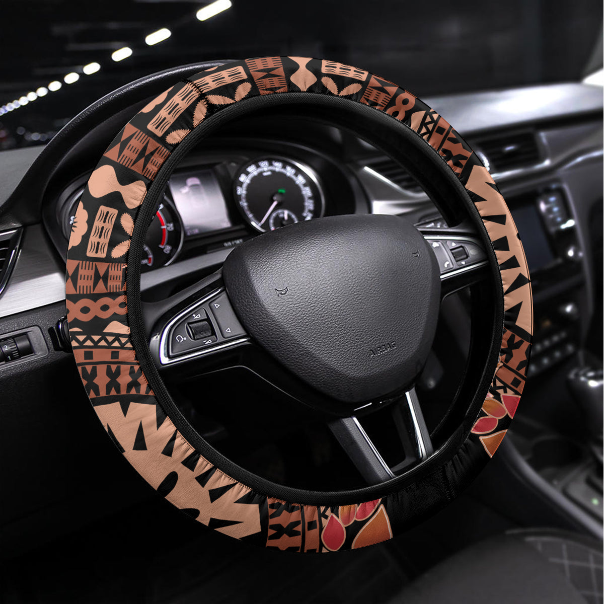 Bula Fiji Tagimoucia Flower Masi Tapa Tribal Steering Wheel Cover Brown Color LT9 Universal Fit Brown - Polynesian Pride