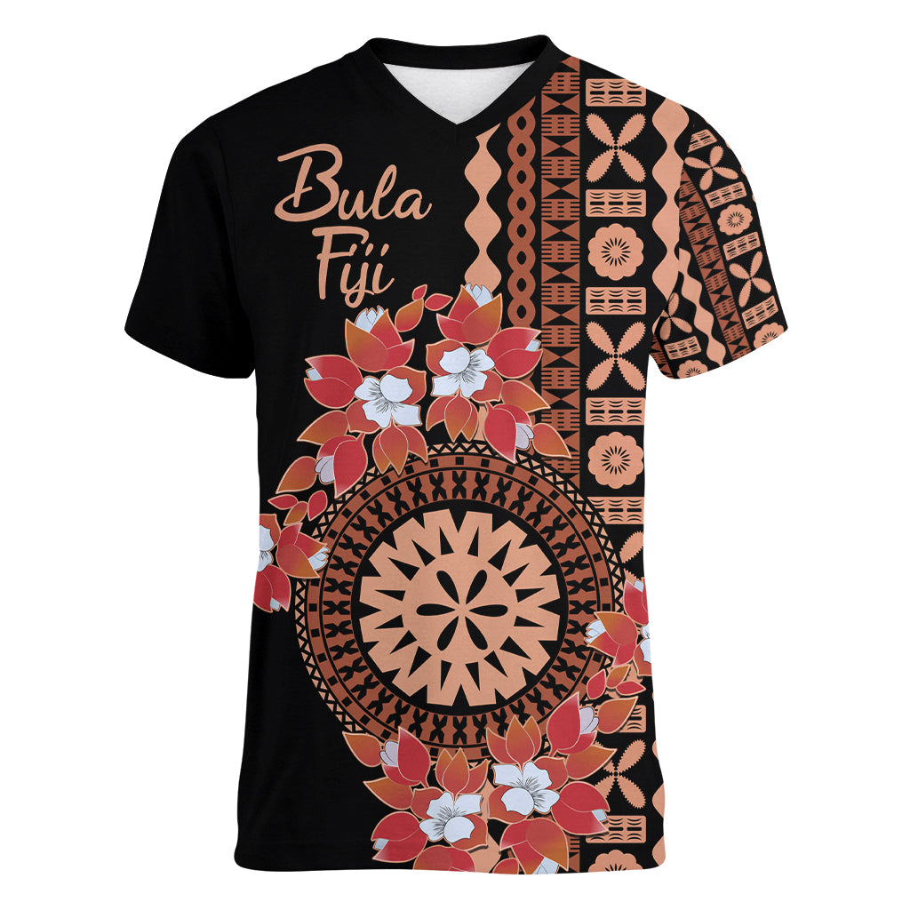 Bula Fiji Tagimoucia Flower Masi Tapa Tribal Women V Neck T Shirt Brown Color LT9 Female Brown - Polynesian Pride